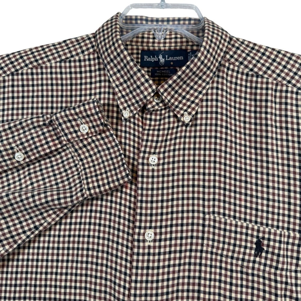 Ralph Lauren McMeel Button Down Men XL Brown Navy Plaid Cotton Long Sleeve Shirt